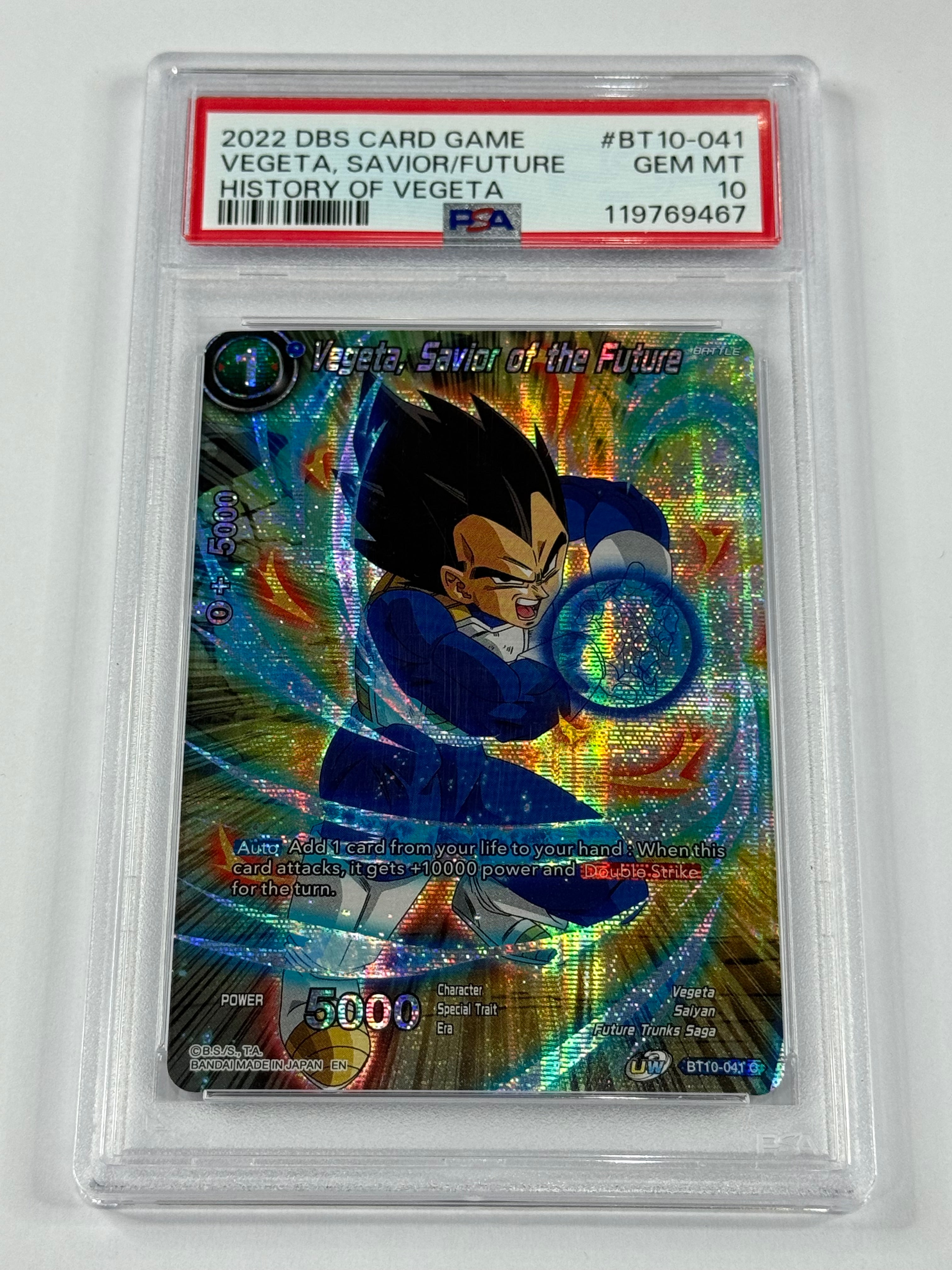 2022 DBS CARD GAME VEGETA, SAVIOR/FUTURE HISTORY OF VEGETA #BT10-041 PSA 10