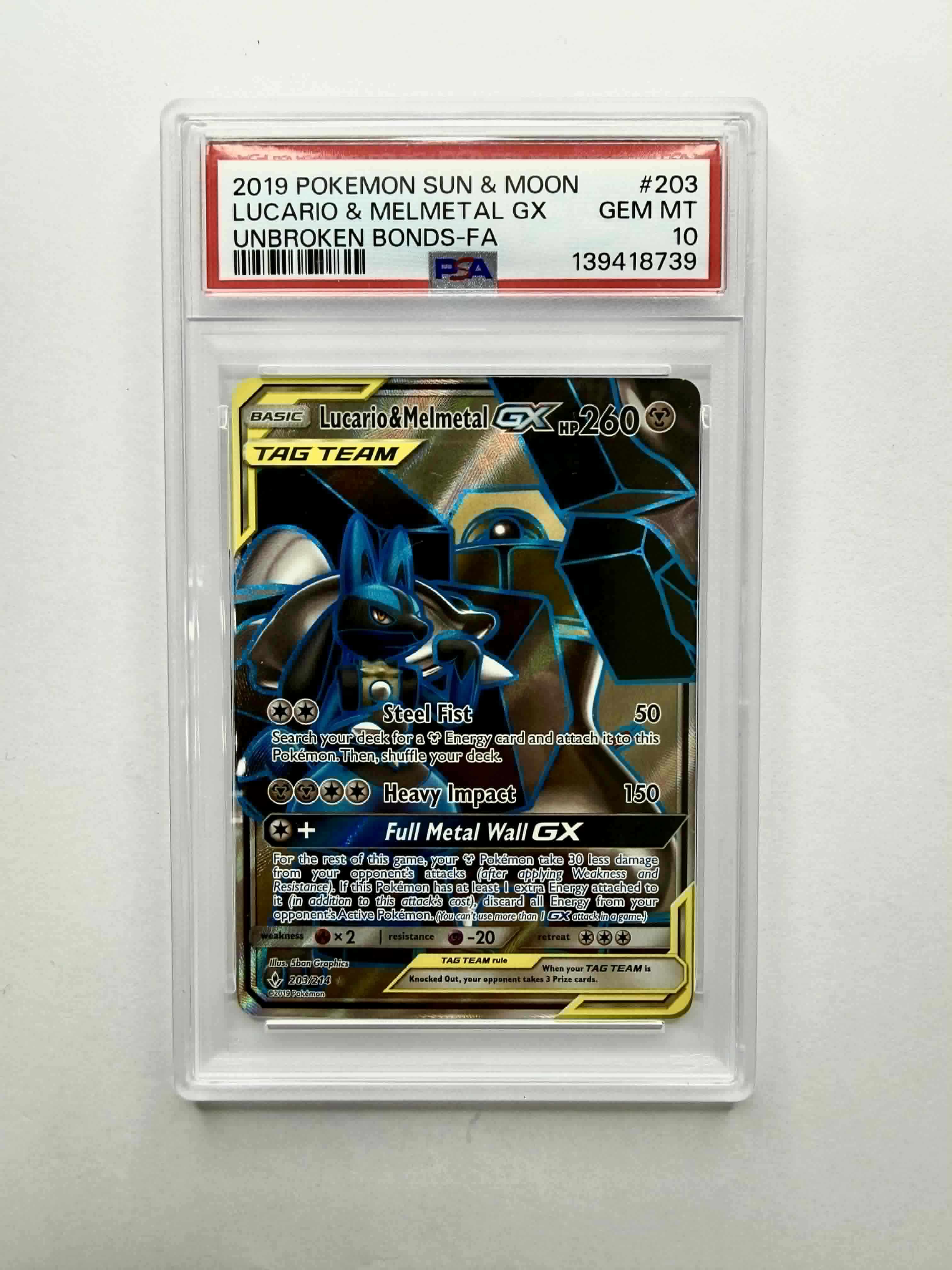 2019 Pokemon Sun & Moon Lucario & Melmetal GX Unbroken Bonds - FA #203 - PSA 10