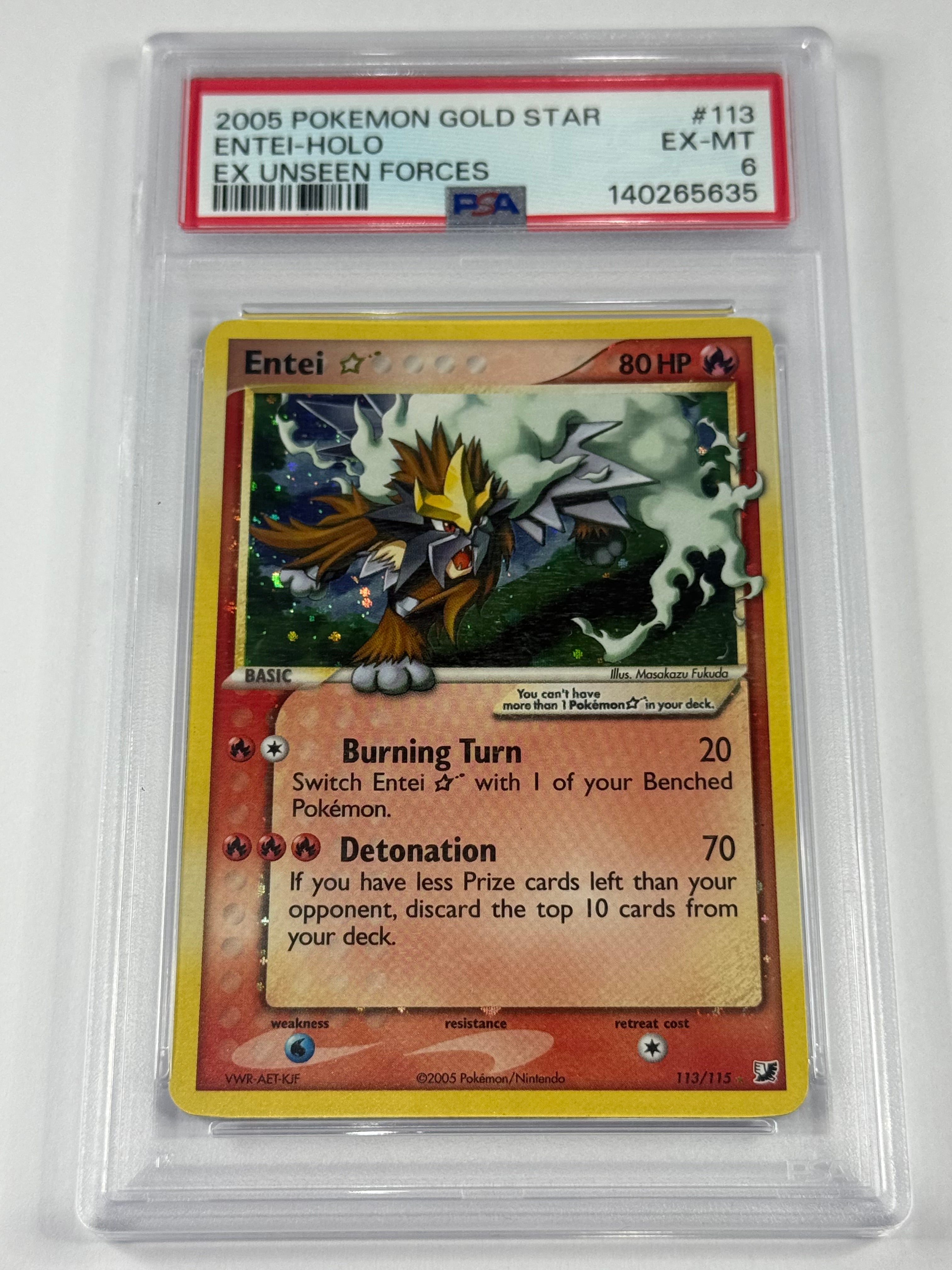 2005 POKEMON GOLD STAR
ENTEI-HOLO
EX UNSEEN FORCES #113 PSA 6
