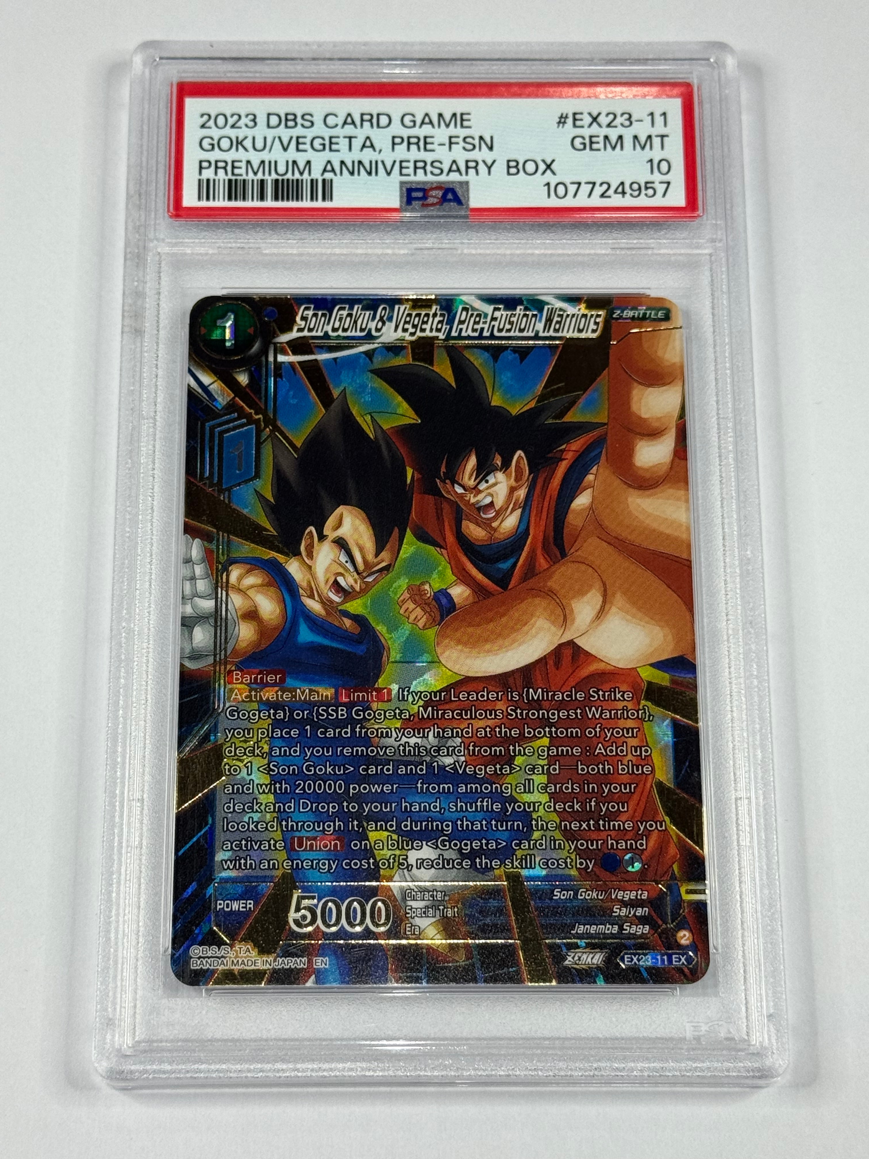 2023 DBS CARD GAME GOKU/VEGETA, PRE-FSN PREMIUM ANNIVERSARY BOX #EX23-11 PSA 10