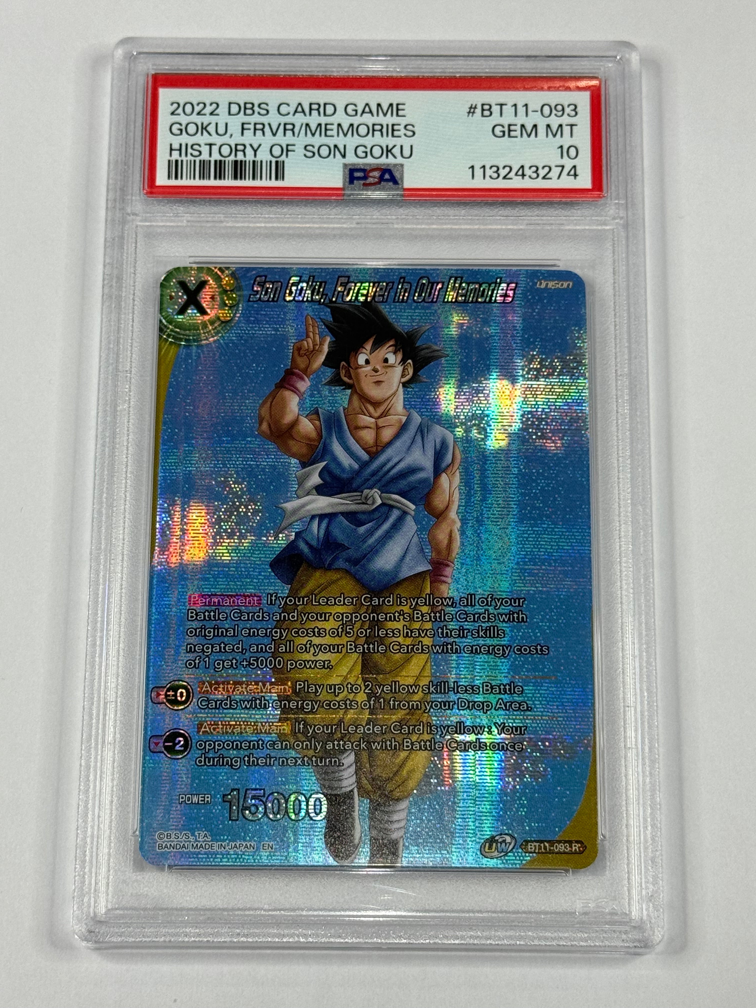2022 DBS CARD GAME GOKU, FRVR/MEMORIES HISTORY OF SON GOKU #BT11-093 PSA 10