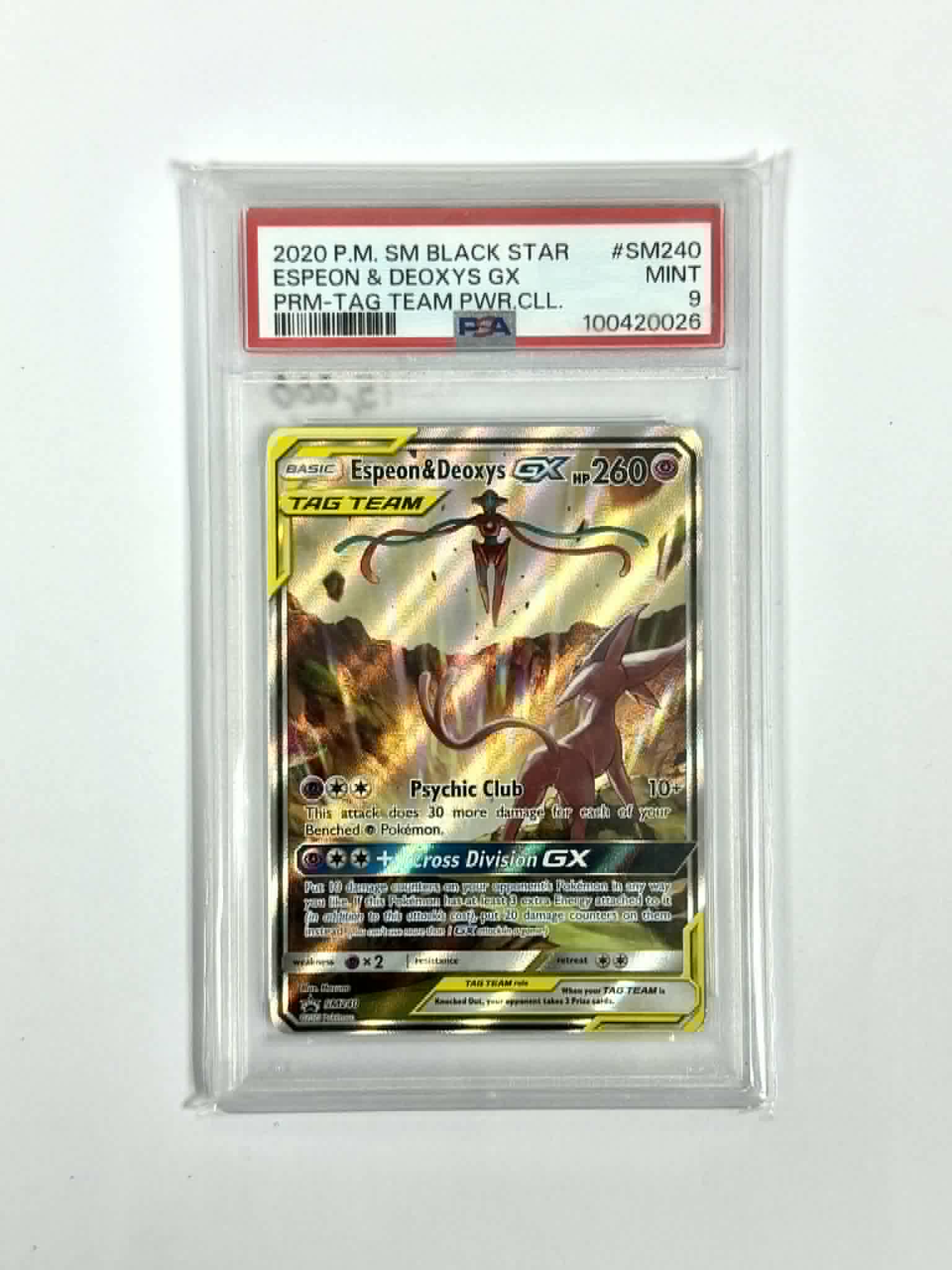 2020 P.M. SM Black Star Espeon & Deoxys GX PRM - Tag Team PWR.CLL. #SM240 - PSA 9