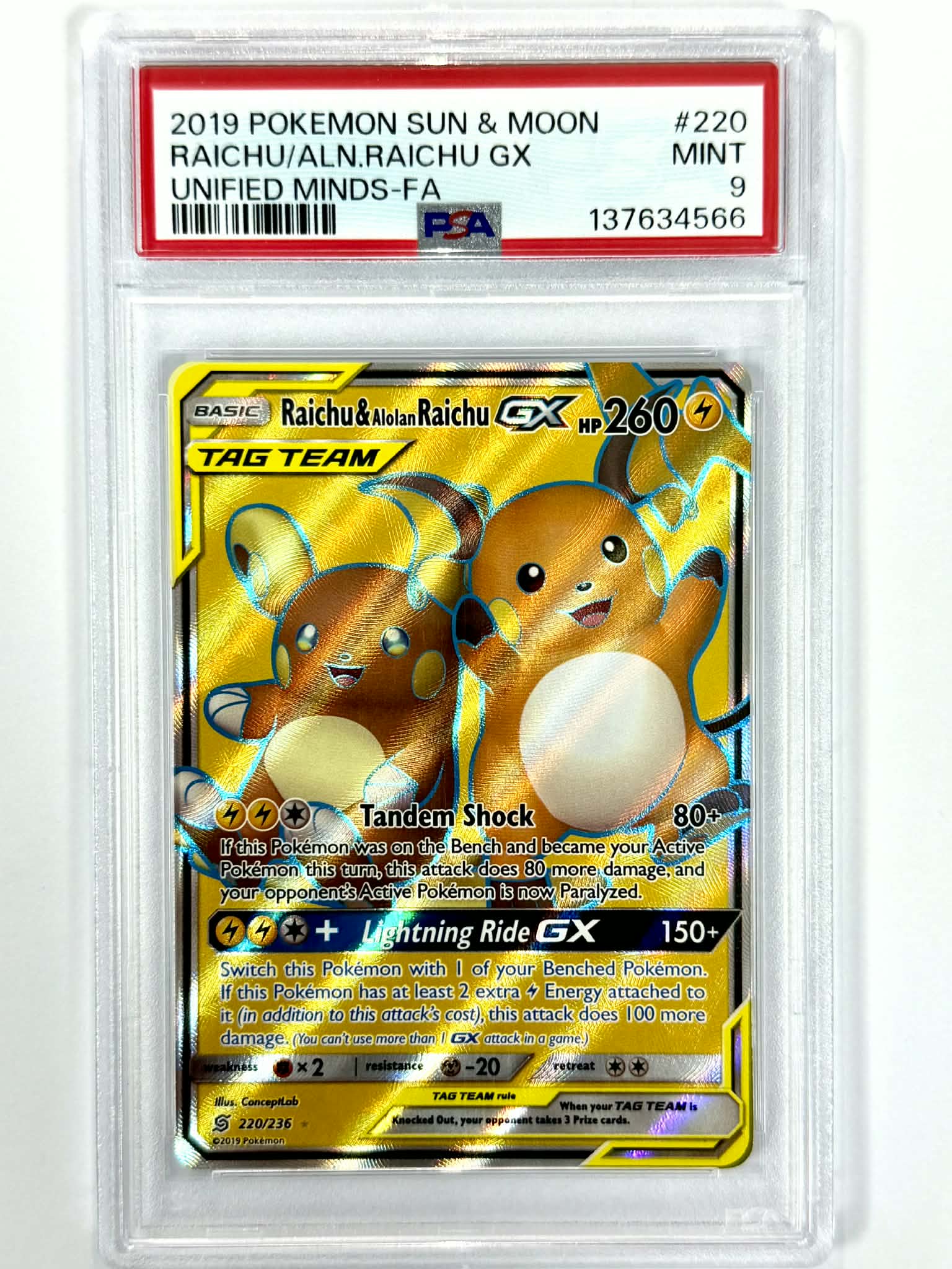 2019 Pokemon Sun & Moon Raichu/ALN.Raichu GX Unified Minds - FA #220 - PSA 9
