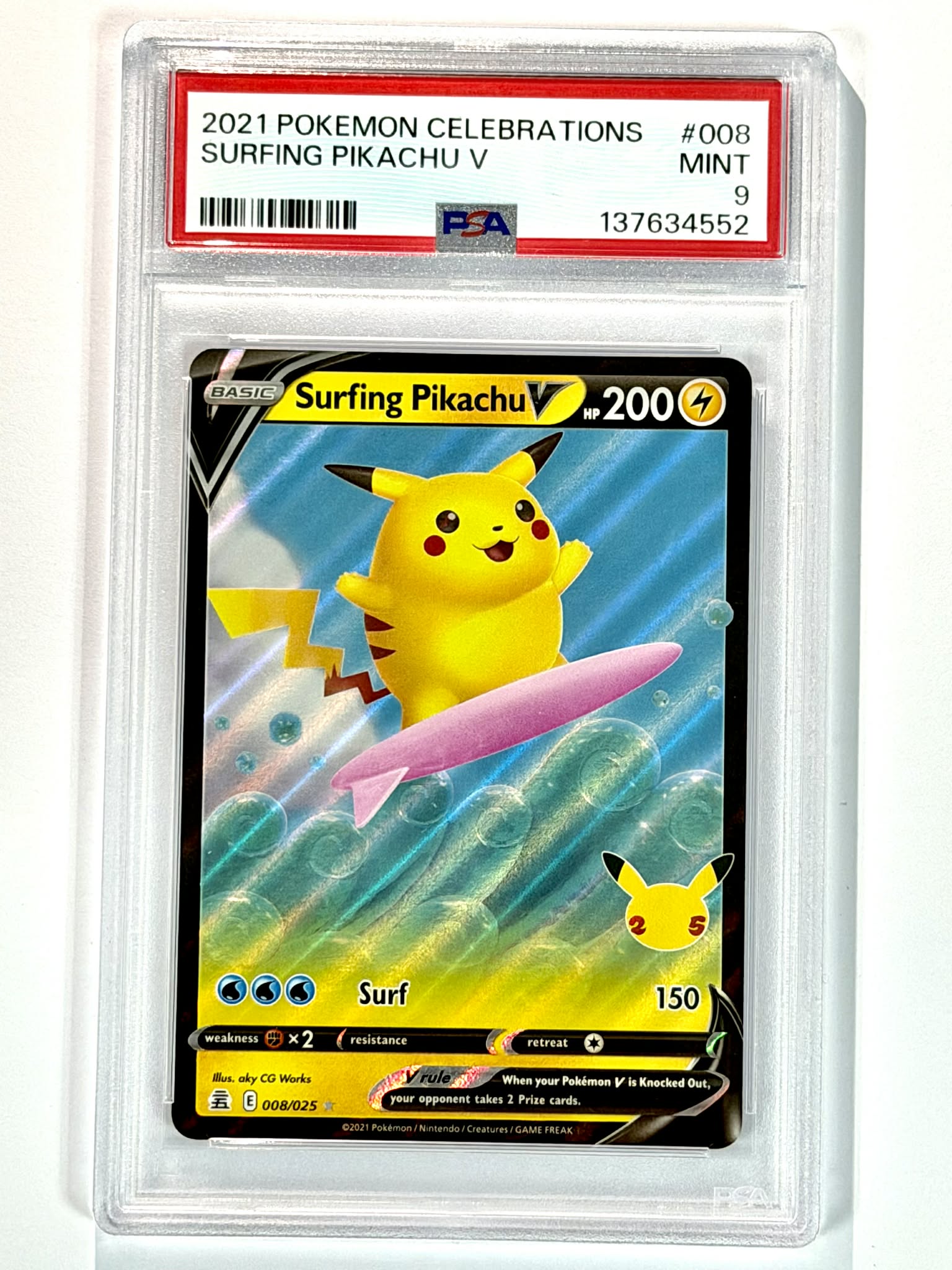 2021 Pokemon Celebrations Surfing Pikachu V #008 - PSA 9