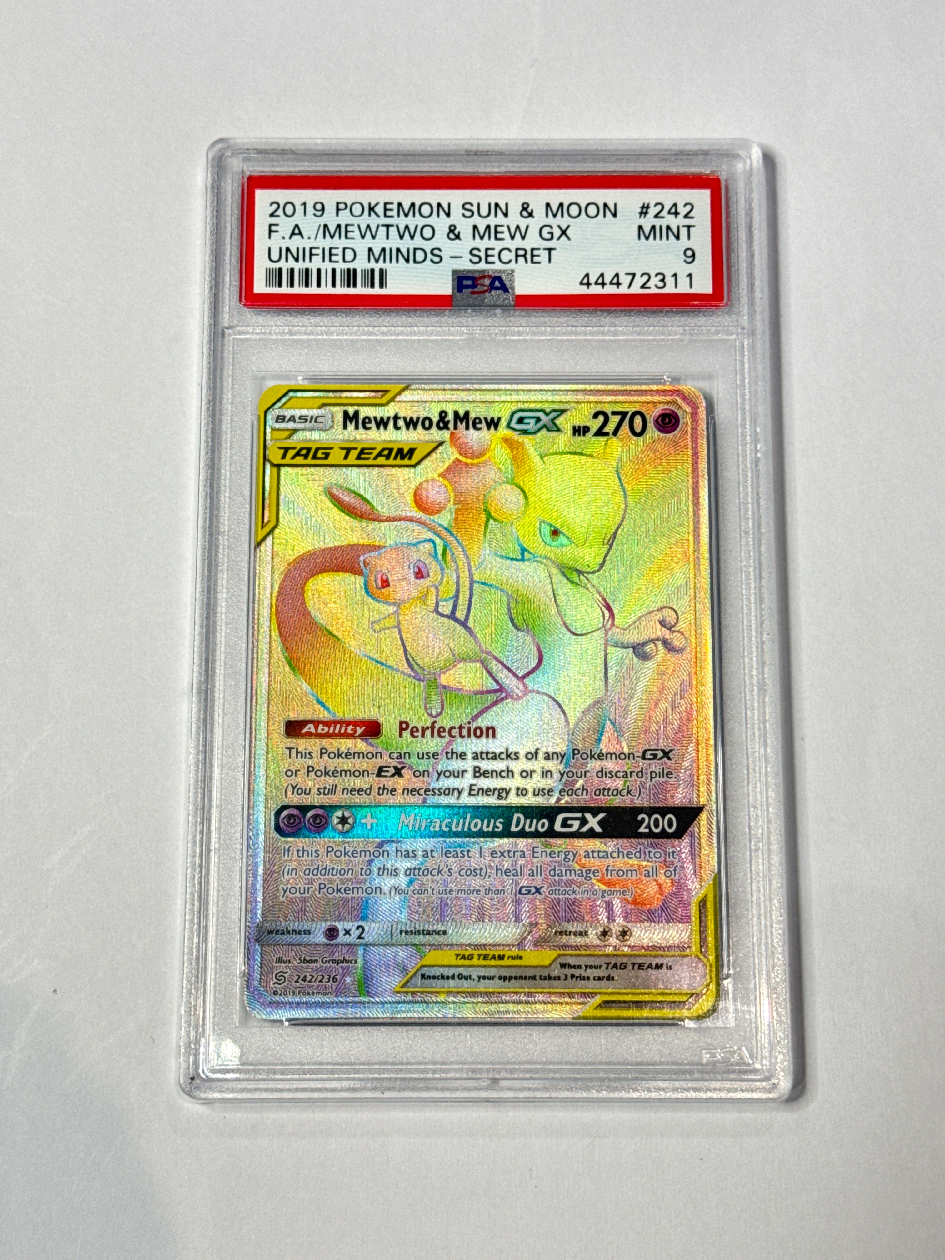 2019 POKEMON SUN & MOON F.A./MEWTWO & MEW GX UNIFIED MINDS - SECRET #242 PSA 9