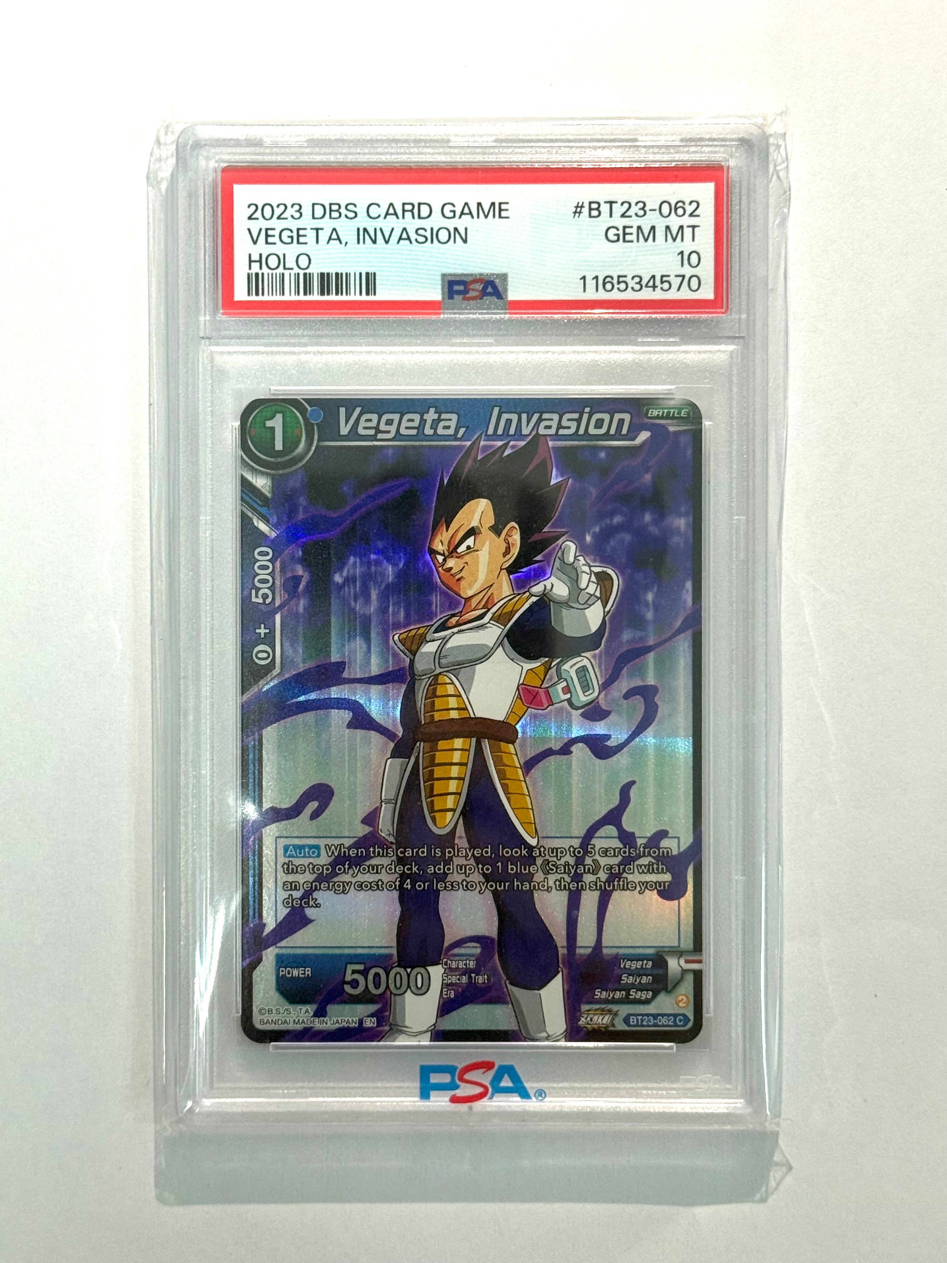 2023 DBS CARD GAME VEGETA, INVASION HOLO #BT23-062 PSA 10