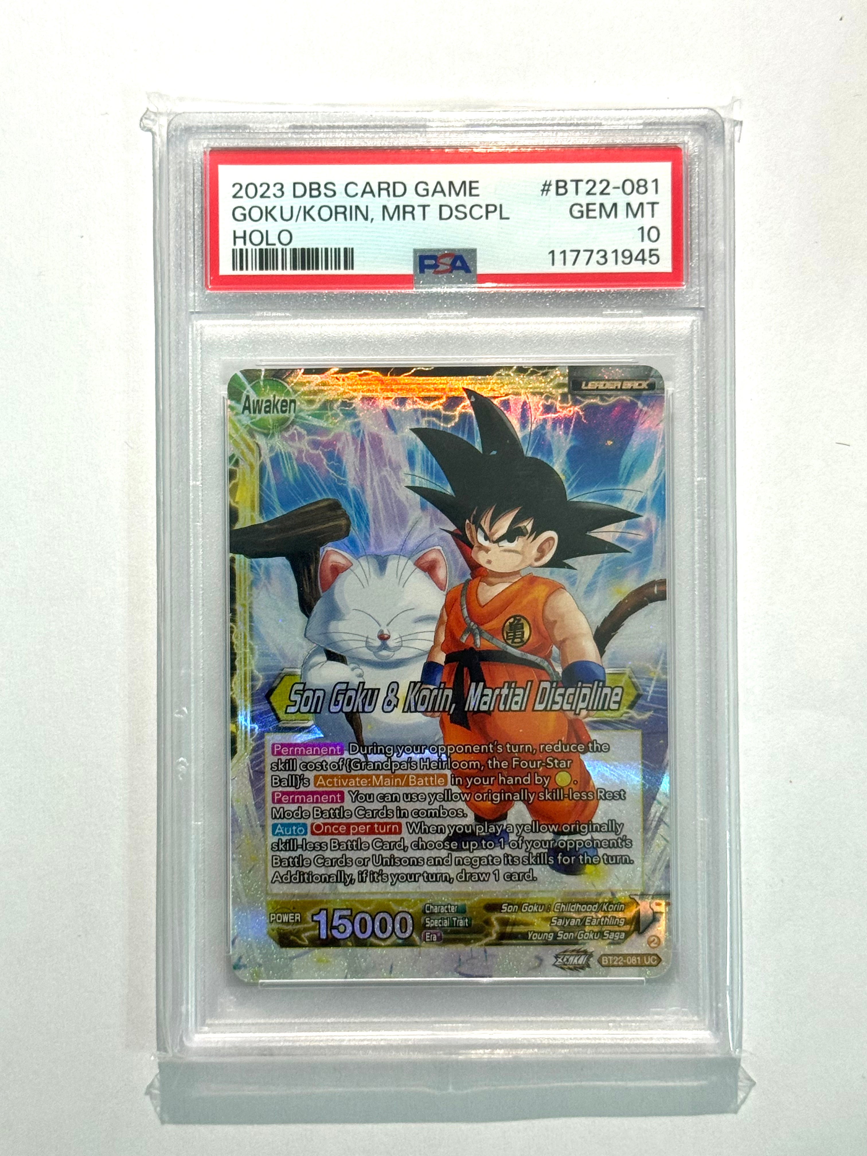 2023 DBS CARD GAME GOKU/KORIN, MRT DSCPL HOLO #BT22-081 PSA 10