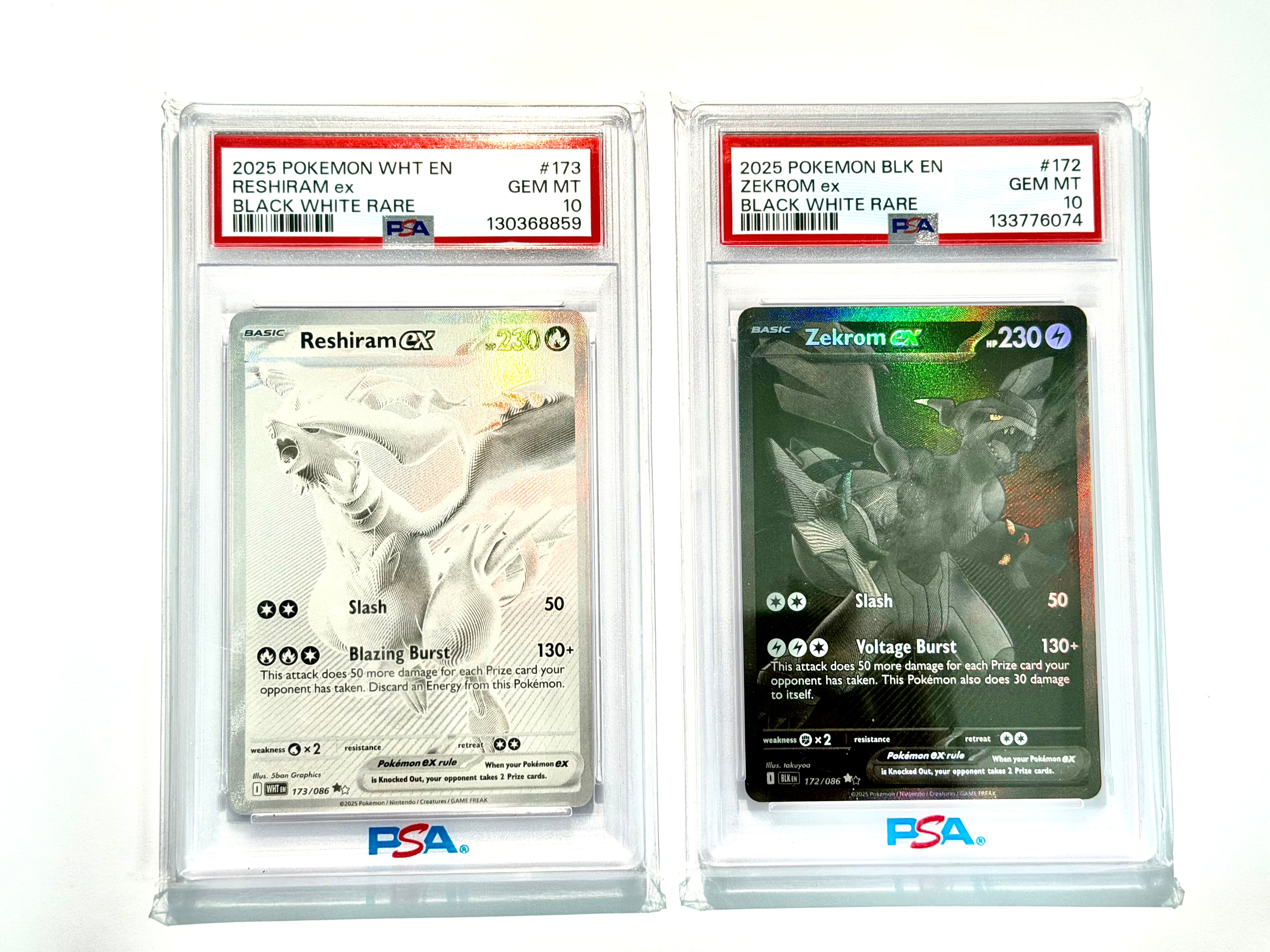 2025 Pokemon BLK EN Zekrom EX #172 & WHT EN Reshiram EX #173 Black White Rare - PSA 10 - SET OF 2